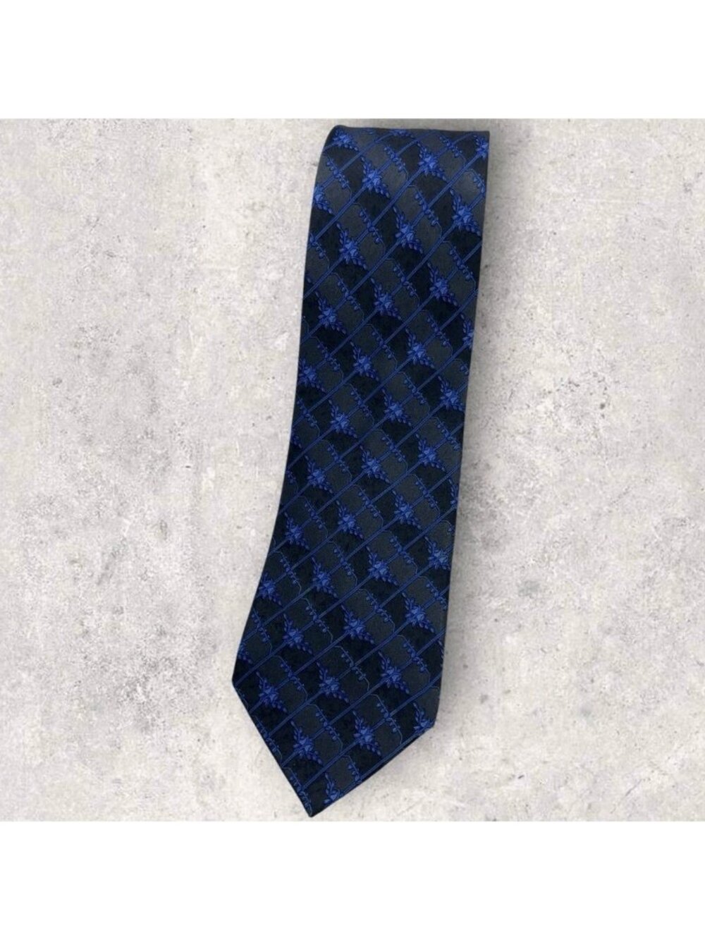LANVIN Silk Tie FRANCE XL Gray Blue Geometric Leaf W:3.7" EUC